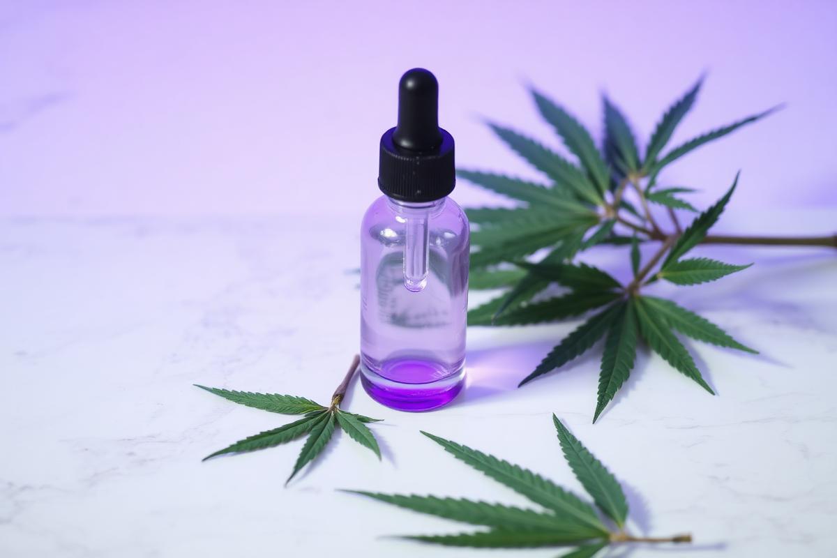 Hanfblätter und CBD Pipettenfläschchen auf hellem Untergrund